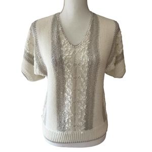 NWT Right Fashion White Crochet Knit V Neck Short Sleeve Vintage Sweater Small